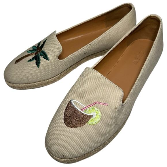 J. Crew Women's Sz 7.5 Palm Tree Cocktail Canvas Slip On Embroidered Espadrilles - Picture 1 of 9
